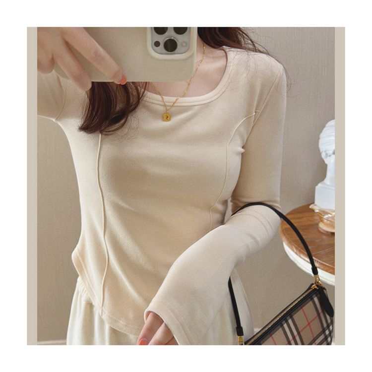 T-Shirt Long-Sleeve Scoop Plain Asymmetrical Neck