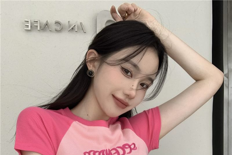 T-Shirt Crew Letter Short-Sleeve Neck Cropped Embroidered