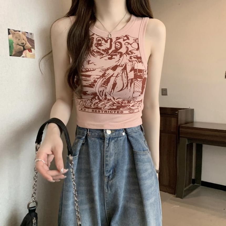 Round Print Graphic Top Crop Neck Tank