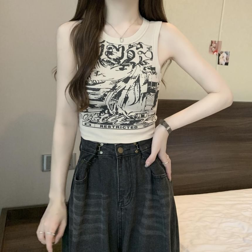 Round Print Graphic Top Crop Neck Tank