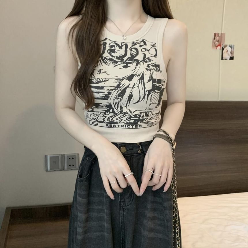 Round Print Graphic Top Crop Neck Tank