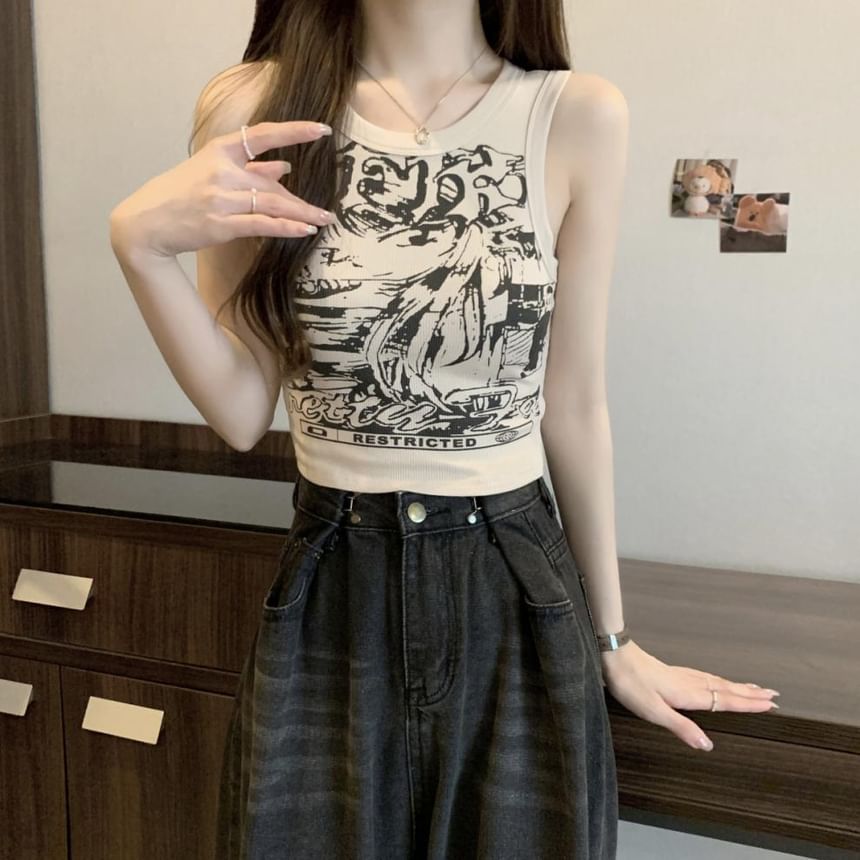 Round Print Graphic Top Crop Neck Tank