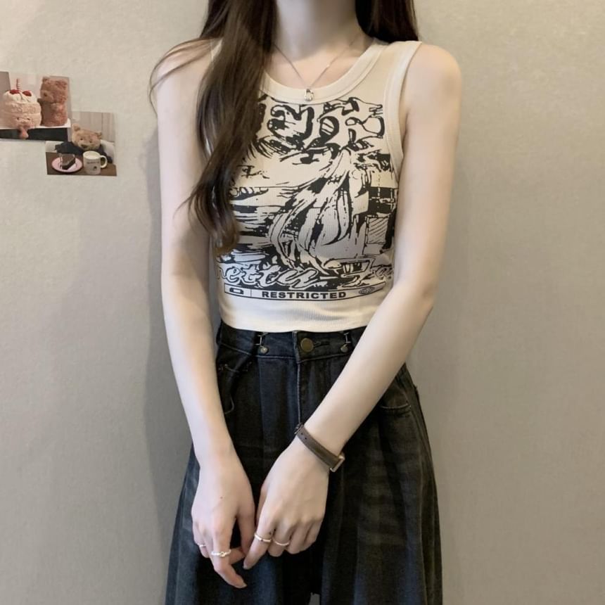Round Print Graphic Top Crop Neck Tank
