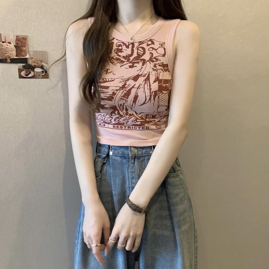 Round Print Graphic Top Crop Neck Tank