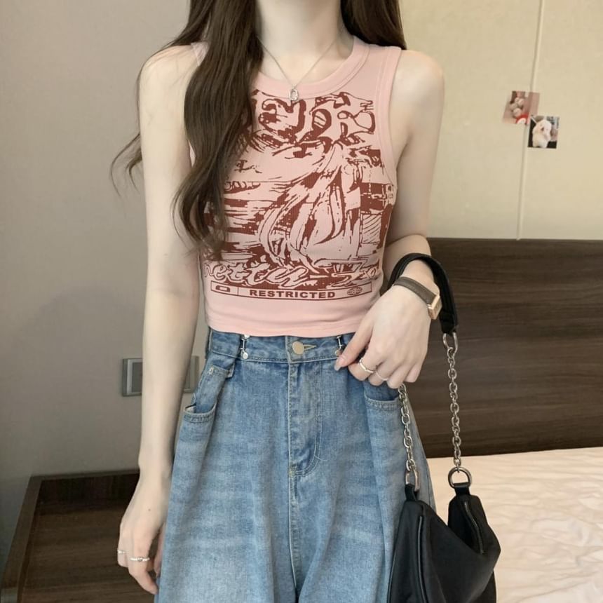 Round Print Graphic Top Crop Neck Tank