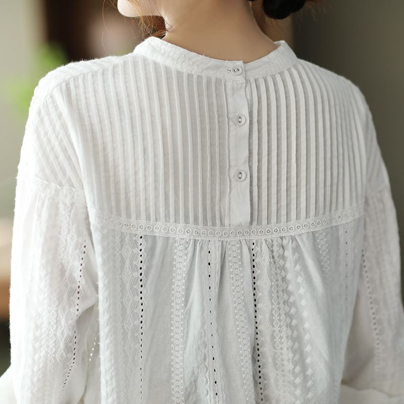 Crew-Neck Eyelet Lace Pintuck Panel Long-Sleeve Blouse