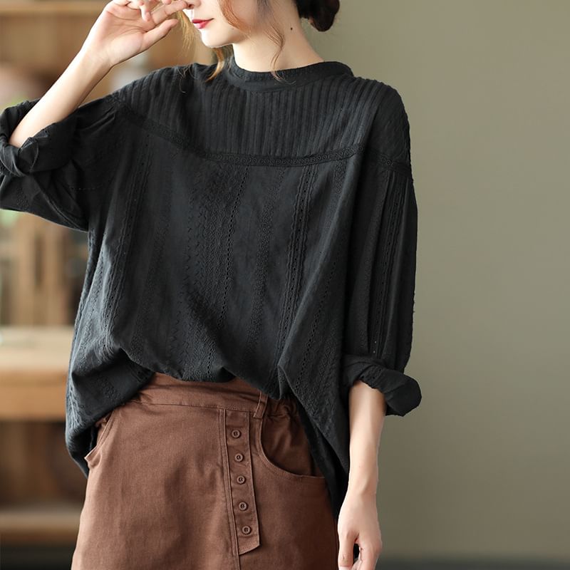 Crew-Neck Eyelet Lace Pintuck Panel Long-Sleeve Blouse