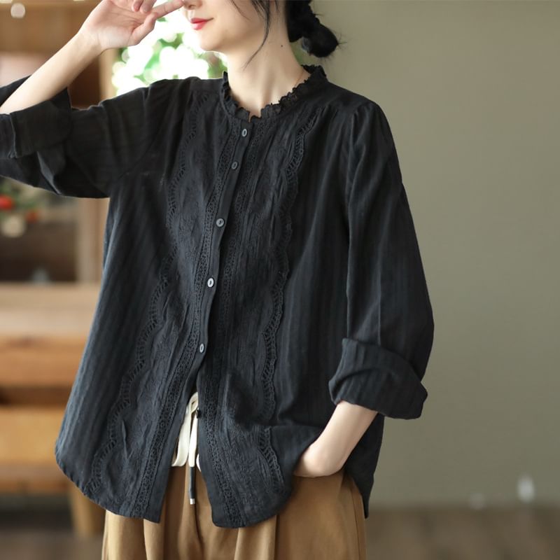 Stand-Collar Lace-Trim Button-Up Long-Sleeve Blouse