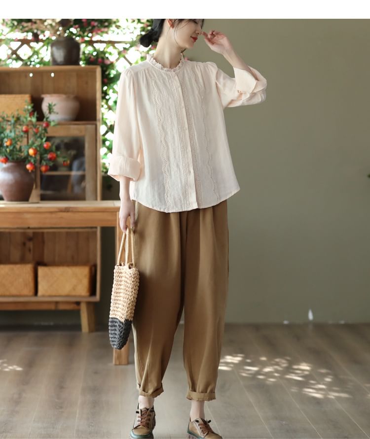 Stand-Collar Lace-Trim Button-Up Long-Sleeve Blouse