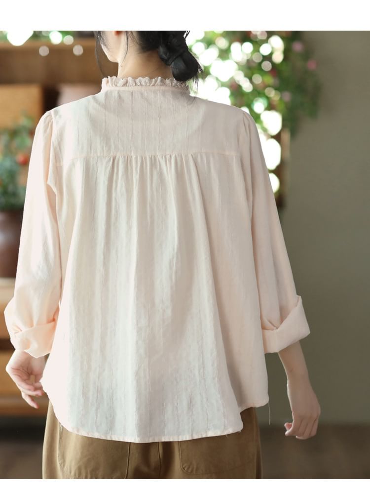 Stand-Collar Lace-Trim Button-Up Long-Sleeve Blouse