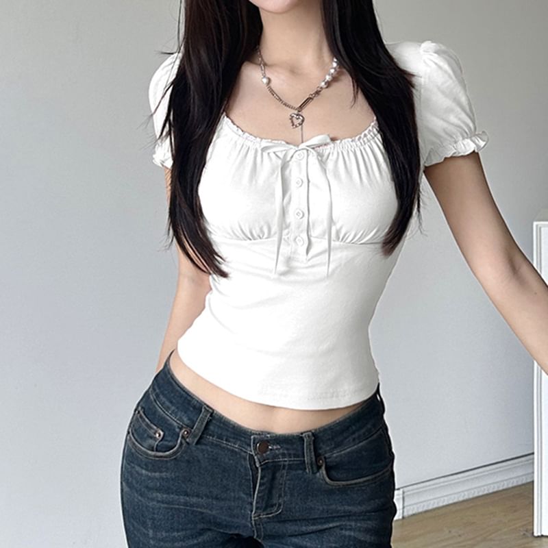 Sleeve Ruffled-Trim Short Bow Slim-Fit Ribbon Square-Neck Accent