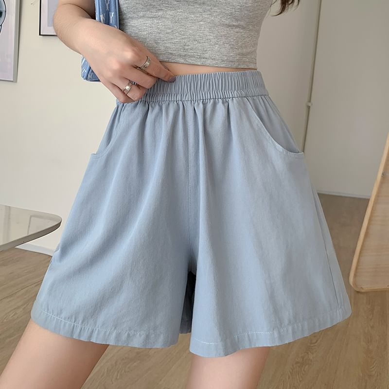 High Rise Plain Wide Leg Cargo Shorts