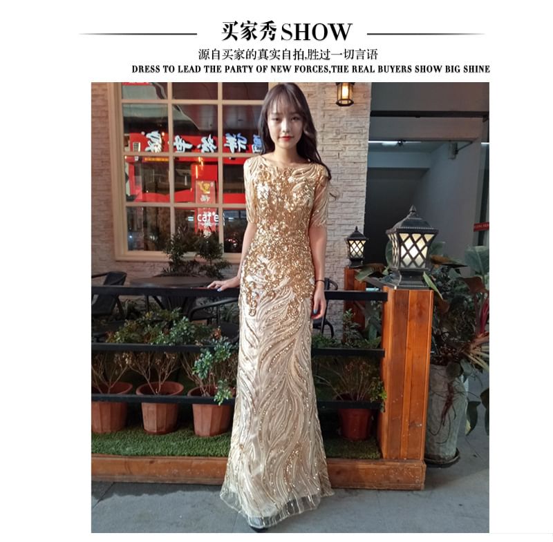 Trumpet Patterned Short-Sleeve Sequin Evening Gown Neck Round