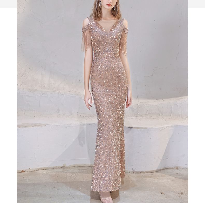 Trumpet Beaded Cap Shoulder Sleeve Cold Fringe Dress Sequin Evening