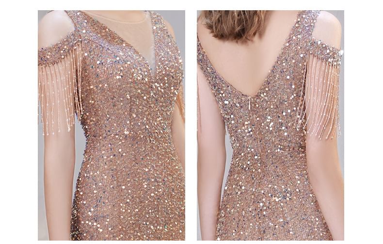 Trumpet Beaded Cap Shoulder Sleeve Cold Fringe Dress Sequin Evening