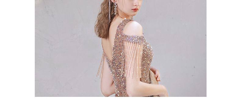Trumpet Beaded Cap Shoulder Sleeve Cold Fringe Dress Sequin Evening