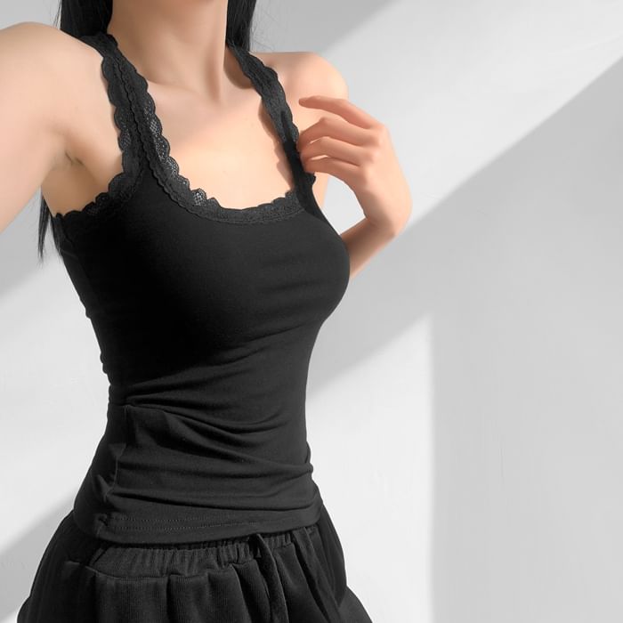 Scoop-Neck Lace-Trim Racerback Crop Tank