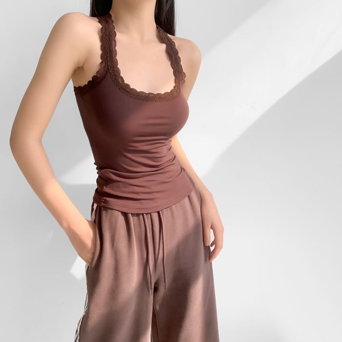 Scoop-Neck Lace-Trim Racerback Crop Tank