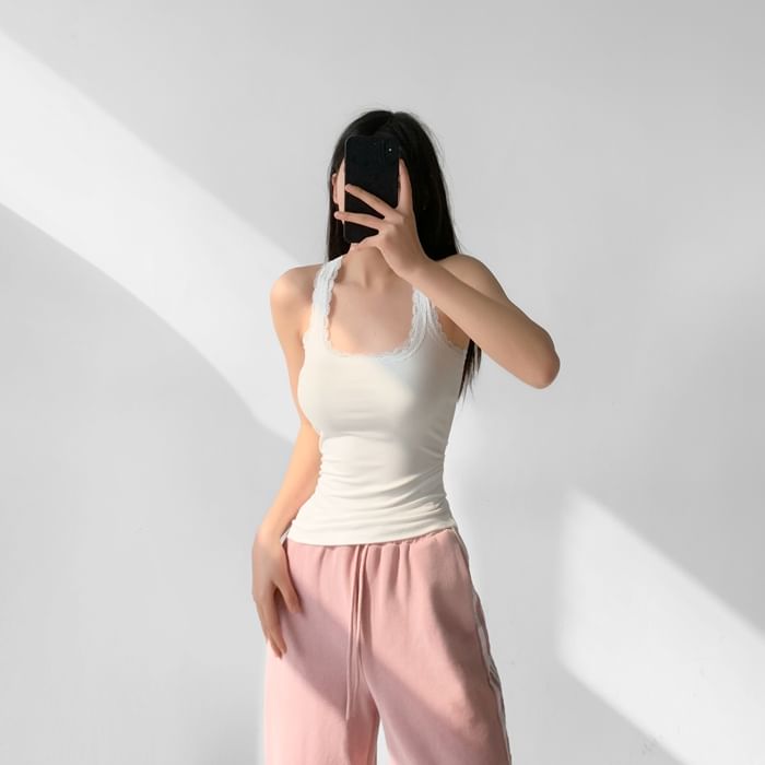Scoop-Neck Lace-Trim Racerback Crop Tank