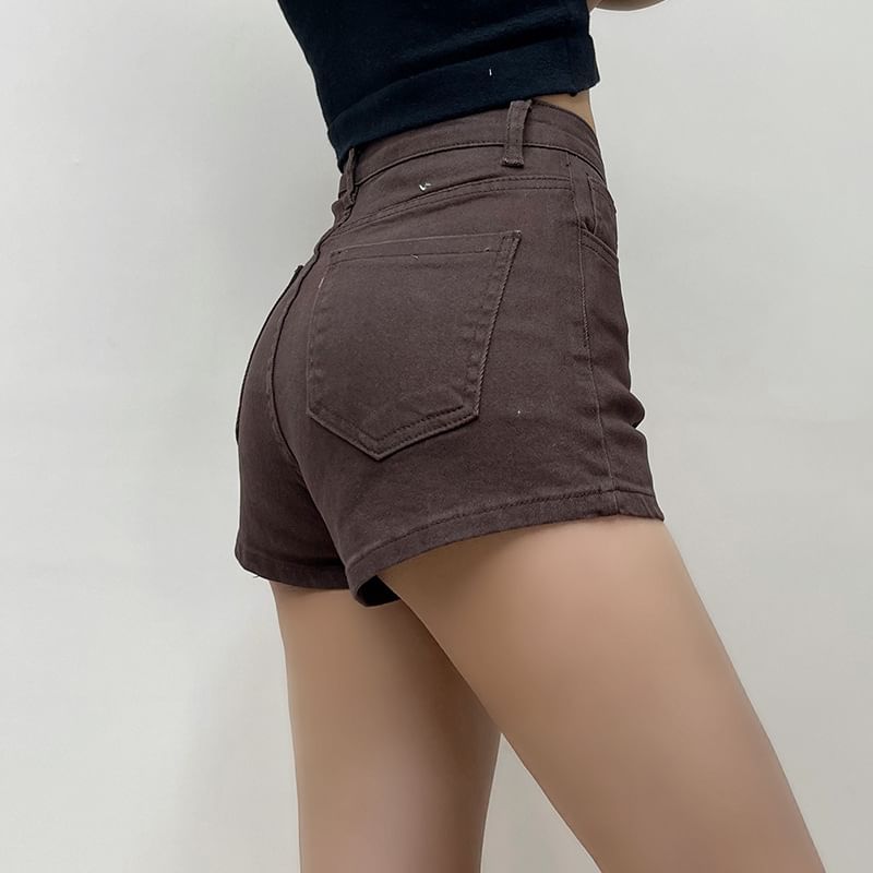 High Waist Plain Washed Denim Shorts