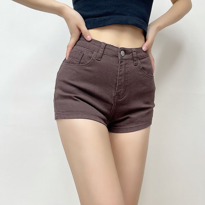 High Waist Plain Washed Denim Shorts