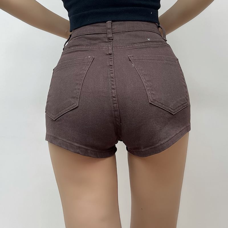 High Waist Plain Washed Denim Shorts