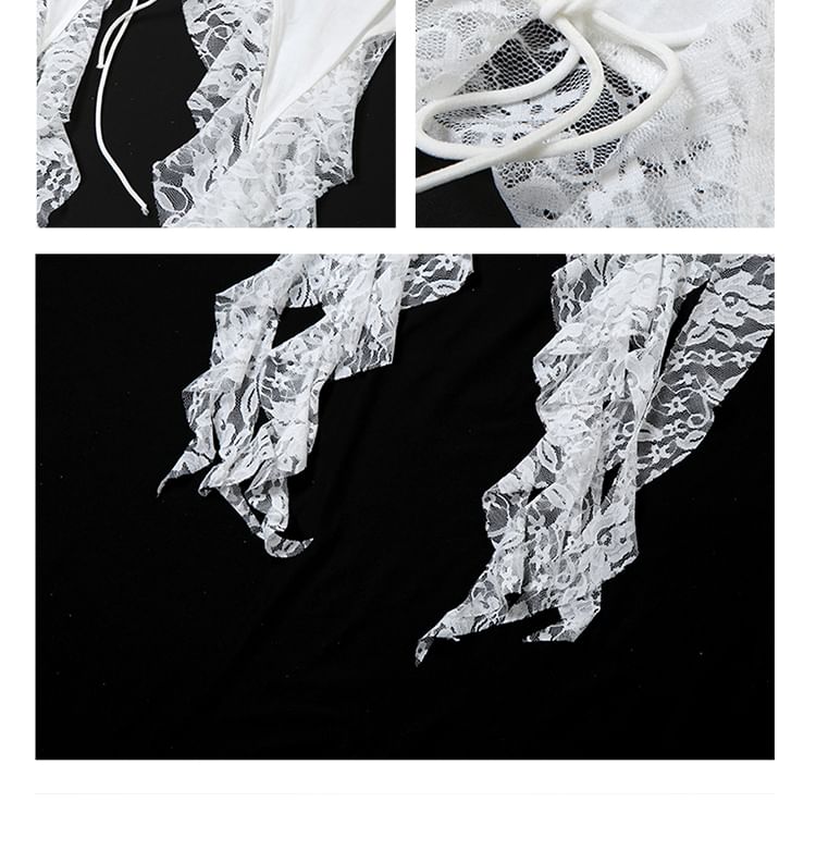 Off-Shoulder Asymmetrical Lace-Panel Frill Cutout Crop Top