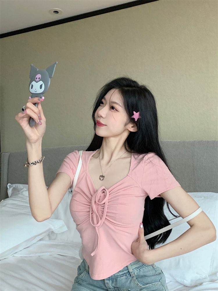 Drawstring Plain Short-Sleeve T-Shirt