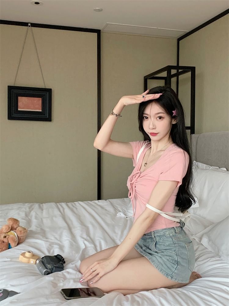 Drawstring Plain Short-Sleeve T-Shirt