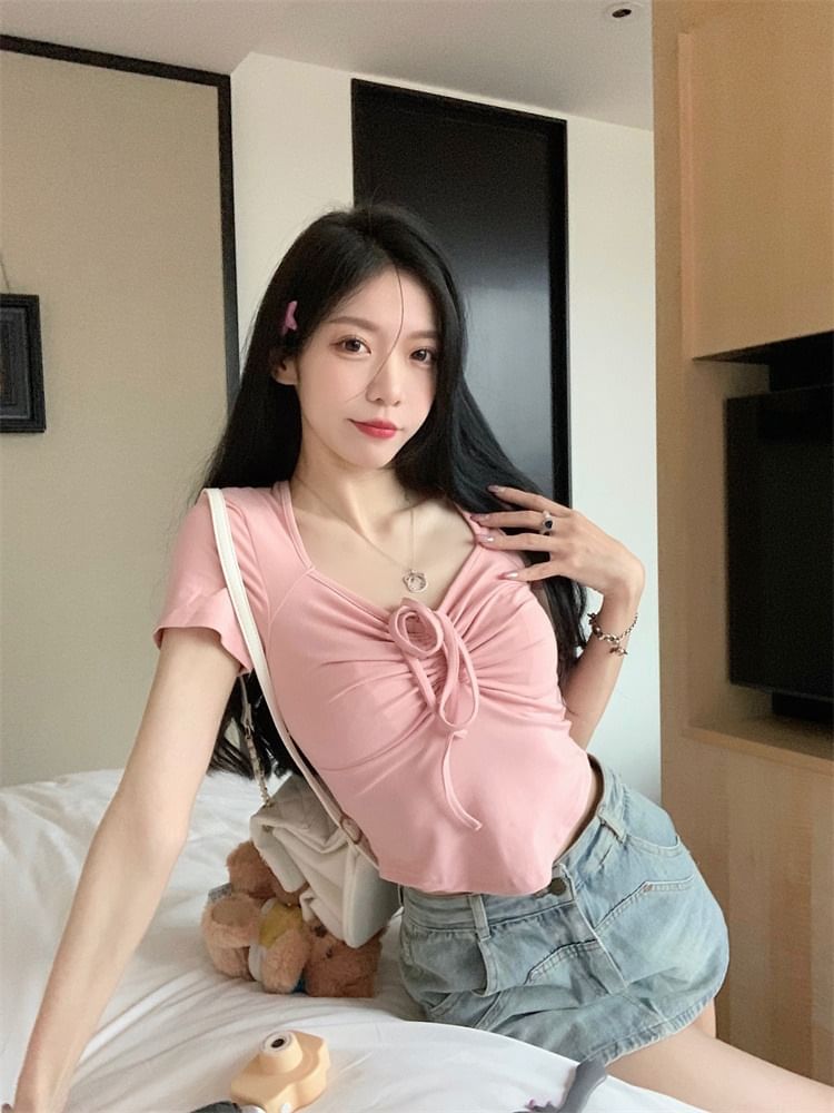 Drawstring Plain Short-Sleeve T-Shirt