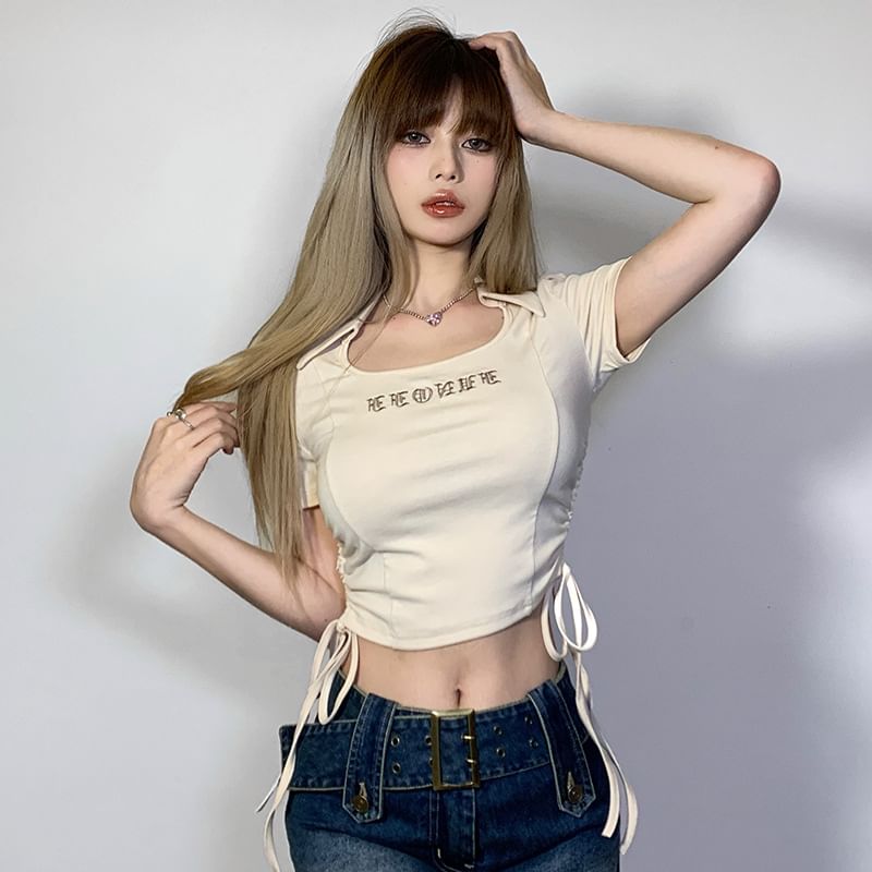 Letter Cropped Short-Sleeve Drawstring T-Shirt Embroidered