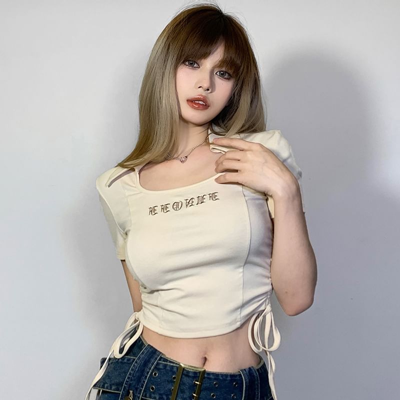 Letter Cropped Short-Sleeve Drawstring T-Shirt Embroidered