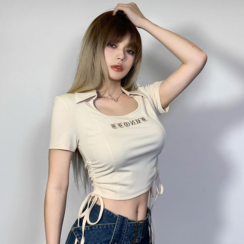 Letter Cropped Short-Sleeve Drawstring T-Shirt Embroidered
