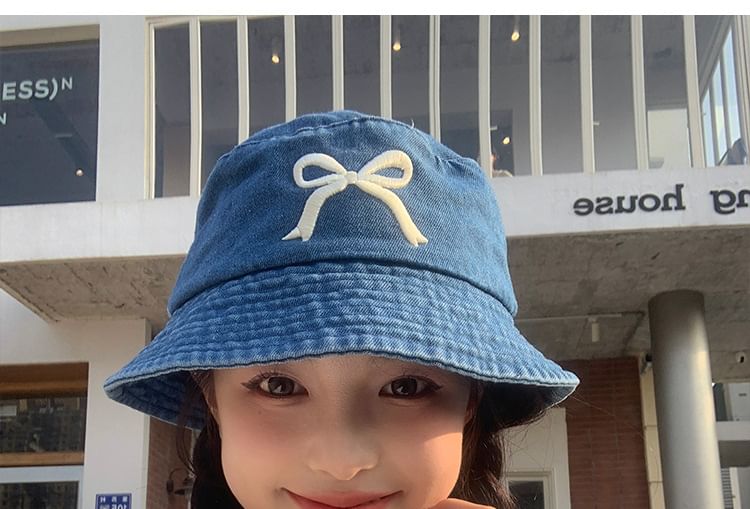 Hat Bucket Denim Bow Embroidered