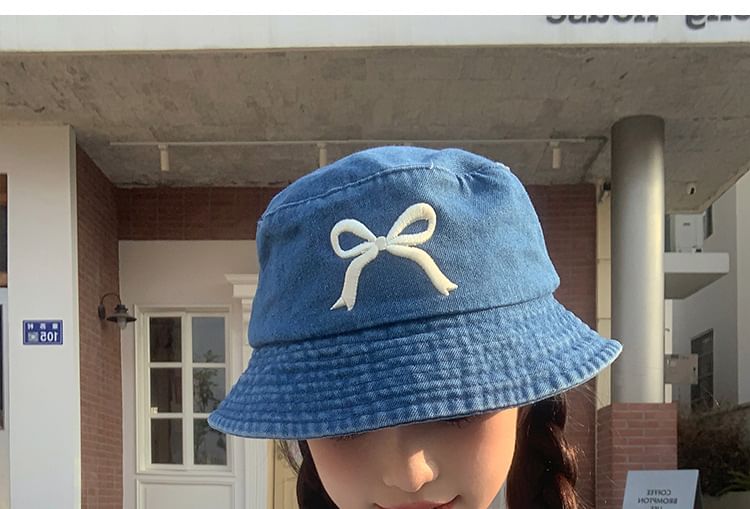 Hat Bucket Denim Bow Embroidered