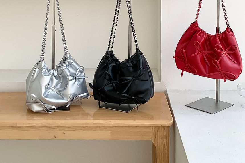 Faux Chain Leather Strap Bag Shoulder Bow