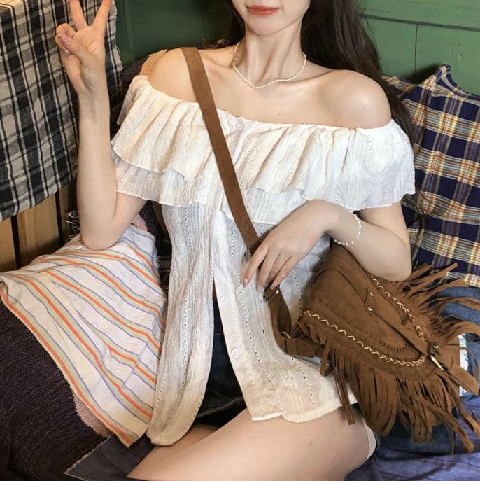 Off Ruffle Short-Sleeve Blouse Plain Shoulder