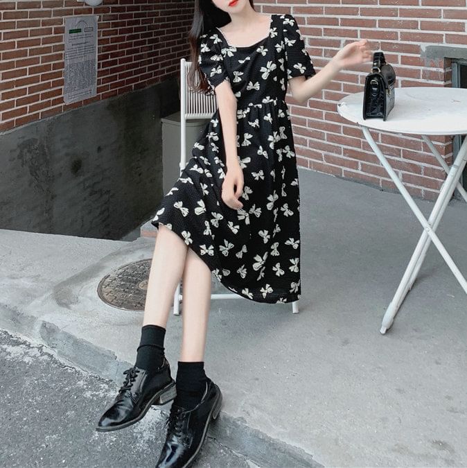 Midi Dress Neck Print Bow Tie Short-Sleeve A-Line Back Square Panel