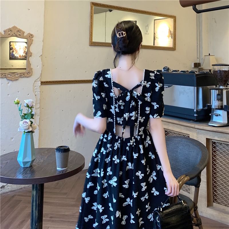 Midi Dress Neck Print Bow Tie Short-Sleeve A-Line Back Square Panel