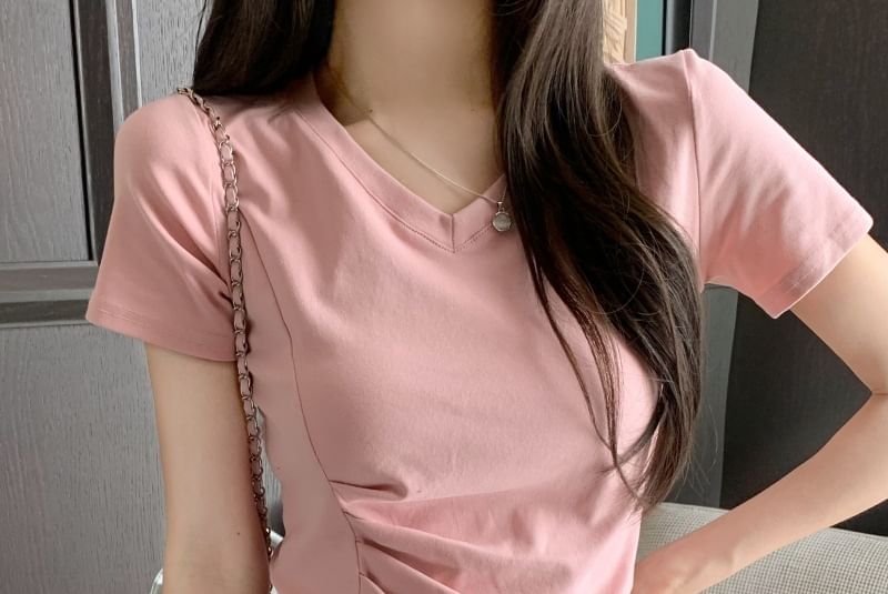 Asymmetrical V-Neck Plain Short-Sleeve T-Shirt Ruched