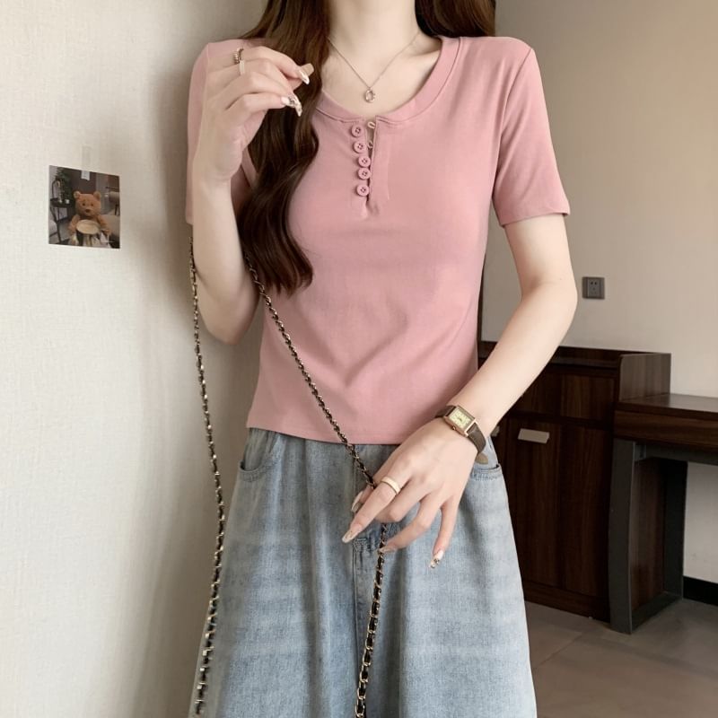 Henley T-Shirt Plain Short-Sleeve