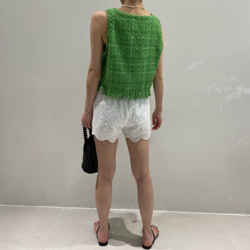 Round Neck Fringe Tweed Button Vest