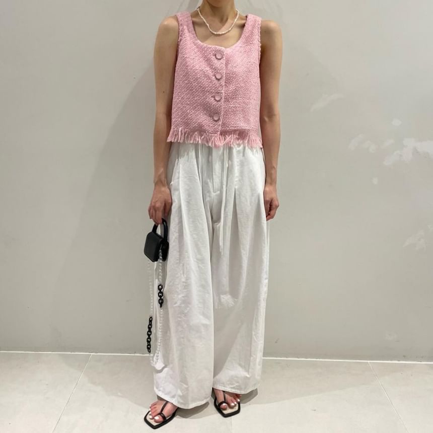 Round Neck Fringe Tweed Button Vest