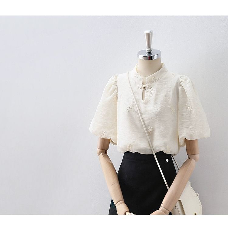 Puff-Sleeve Buttoned Lace Blouse