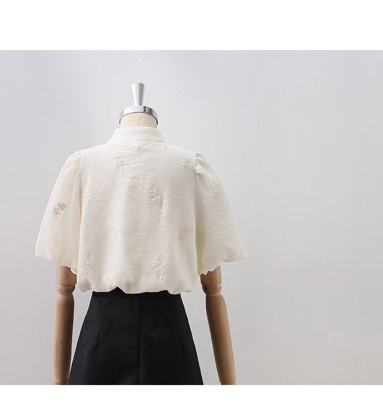 Puff-Sleeve Buttoned Lace Blouse