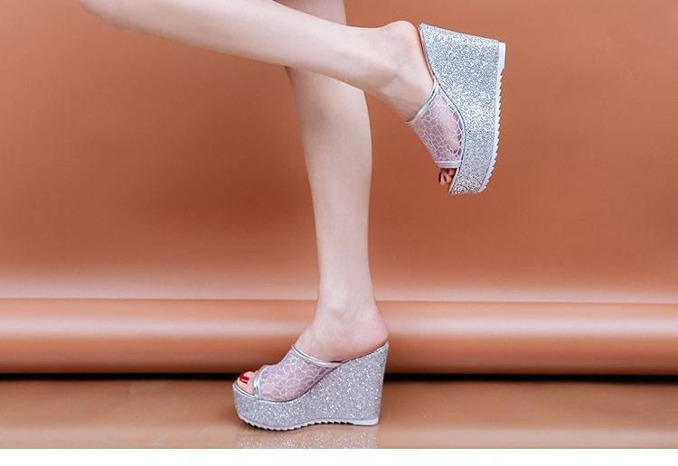 Plain Wedge Sandals Glitter Slide