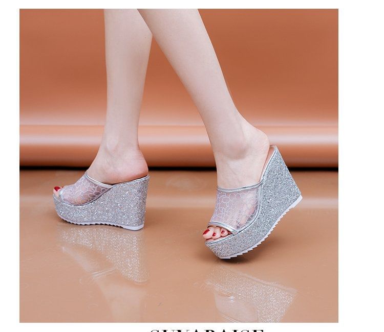 Plain Wedge Sandals Glitter Slide