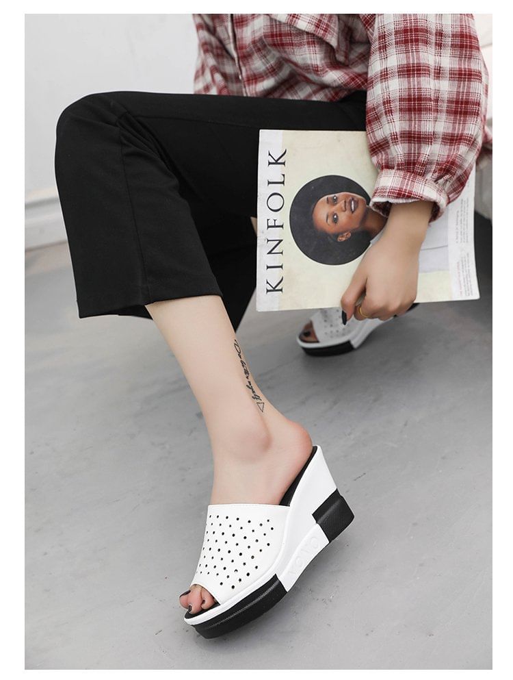 Plain Sandals Slide Wedge Pointelle