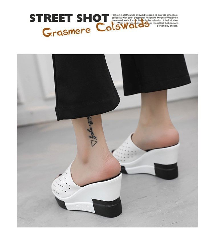 Plain Sandals Slide Wedge Pointelle