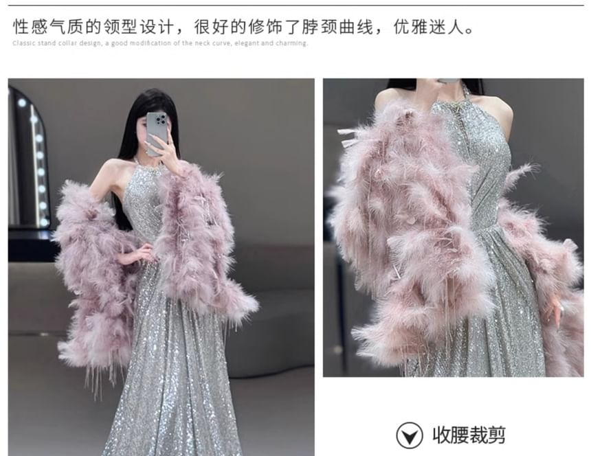 Gown Halter-Neck Cape Evening Sequined Set A-Line Shirred Fluffy /